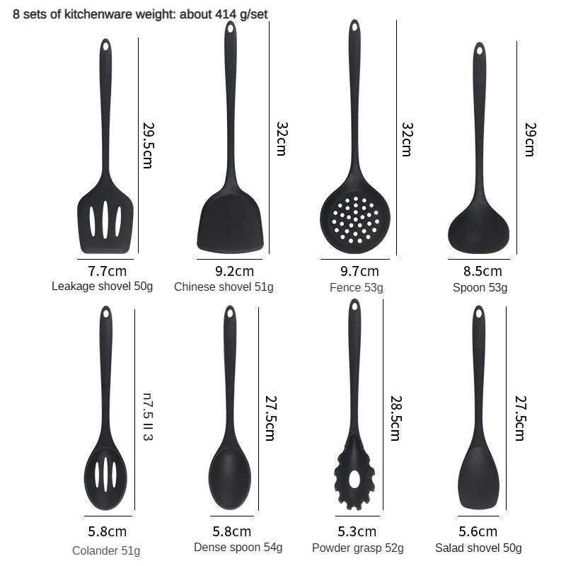 8ps Household black Silicone kitchenware 8-piece set of Chinese spaghetti spoon salad spaghetti spaghetti spaghetti，Rice spoon，