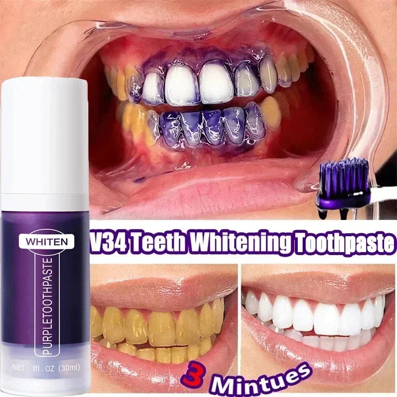 V-34 Purple Teeth Whitening Toothpaste Removal Stains Smoke Coffee Plaque Tooth Whitener Corrector Clean Oral Dental Bleach Care